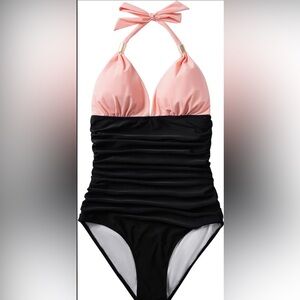 Two Tone Pink Black Halter One Piece Swimsuit Ruched Tummy Control